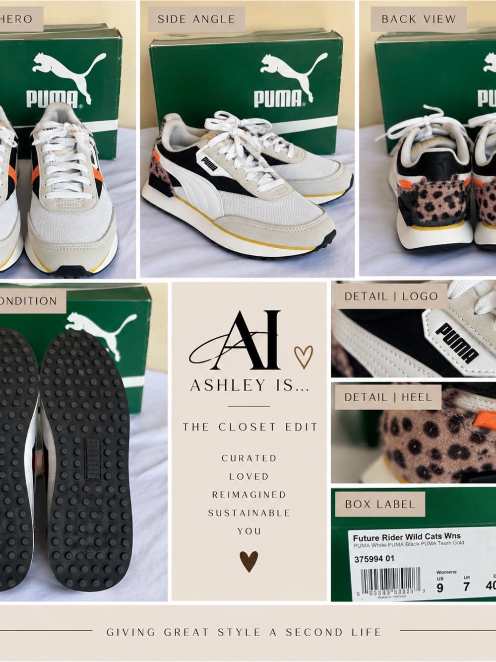 Puma Women's White Black Orange Retro Runner Sneakers with Leopard Heel